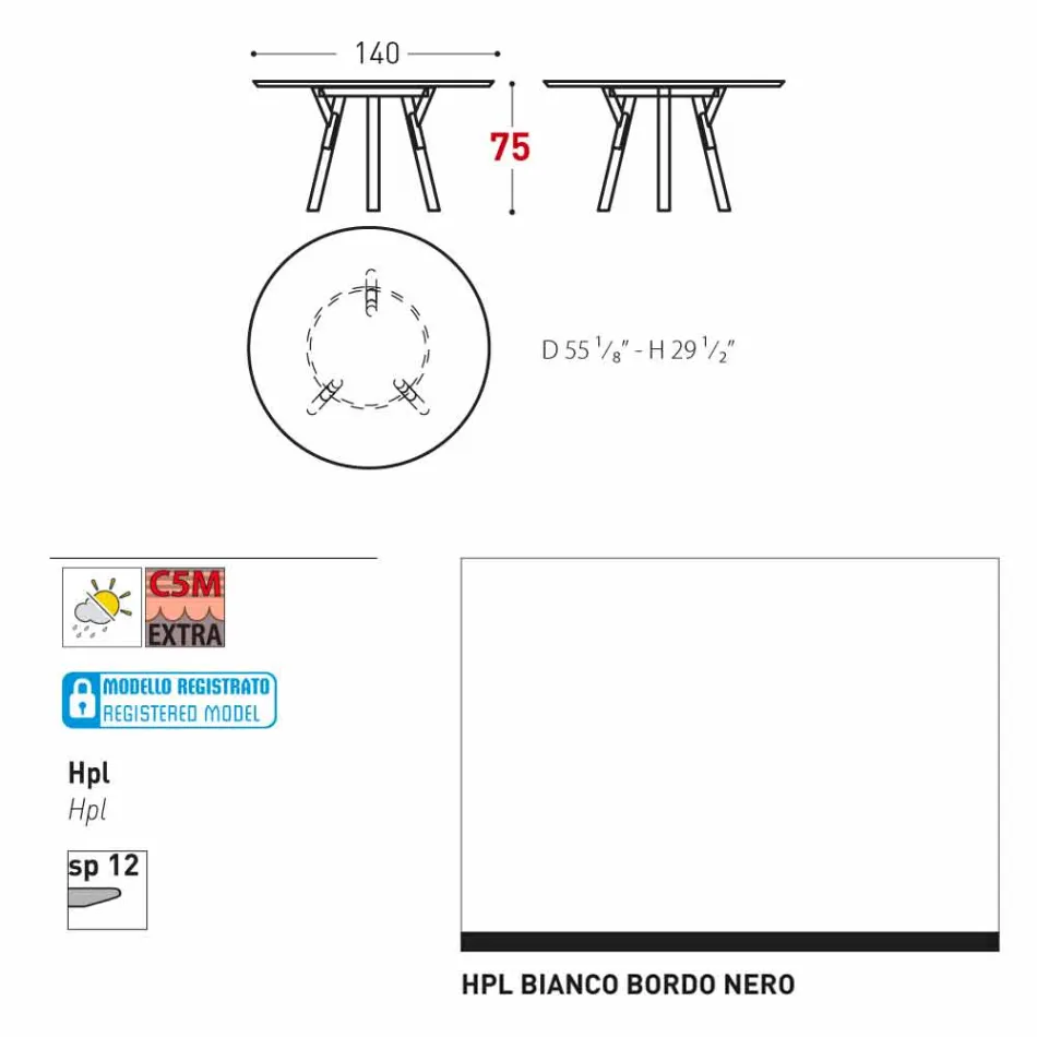 Varaschin une mesa redonda con patas de madera de teca, H 75cm viadurini