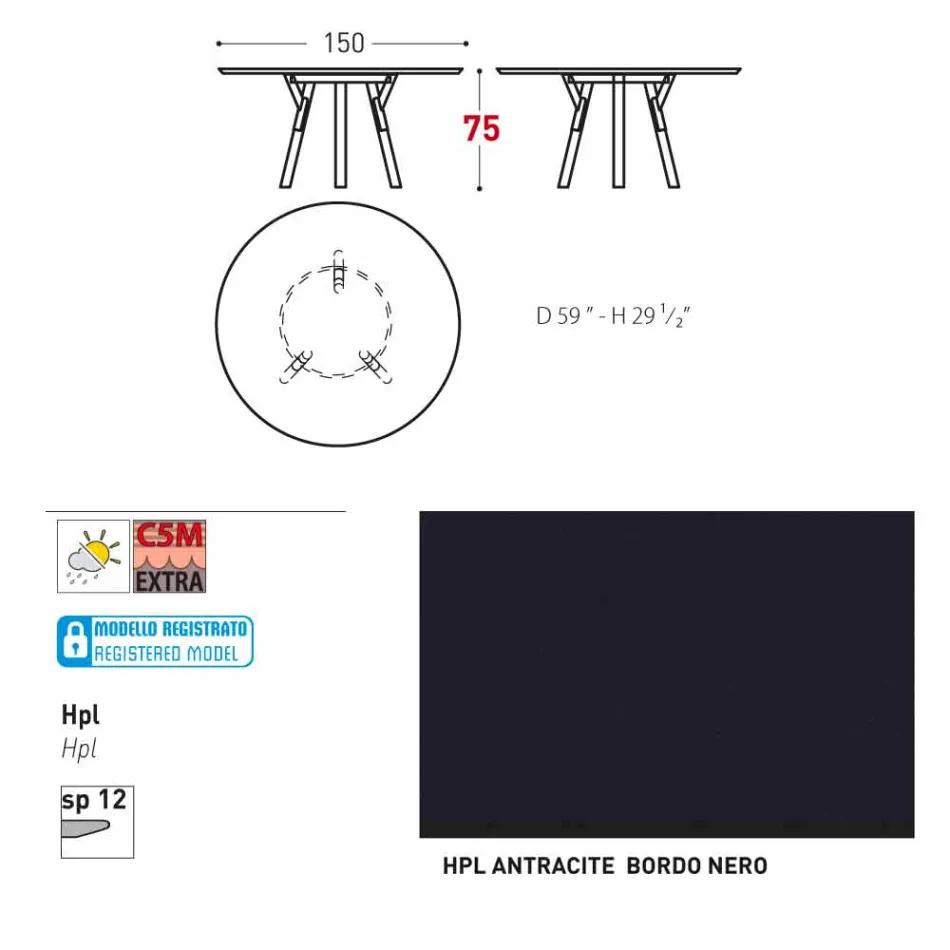 Varaschin une mesa redonda con patas de madera de teca, H 75cm viadurini
