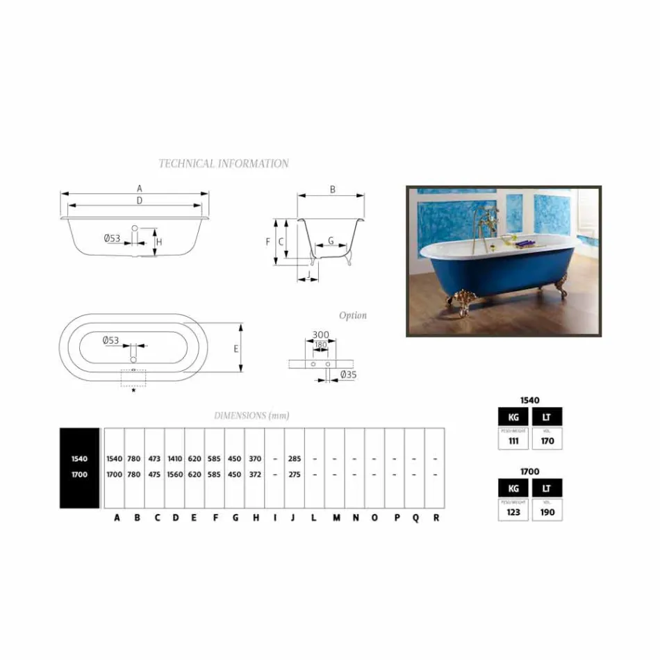 Bañera de hierro fundido pintado autoportante con los pies Diane viadurini