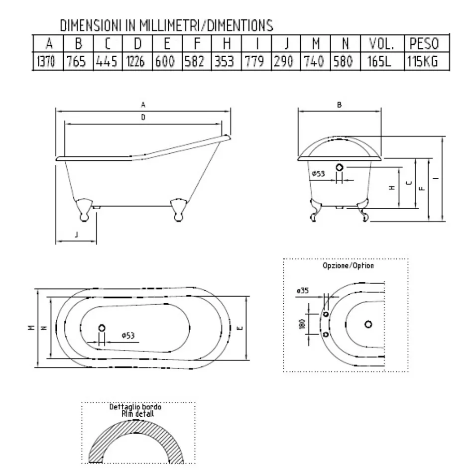 Bañera independiente vintage en hierro fundido blanco hecho en Italia - Paulina viadurini