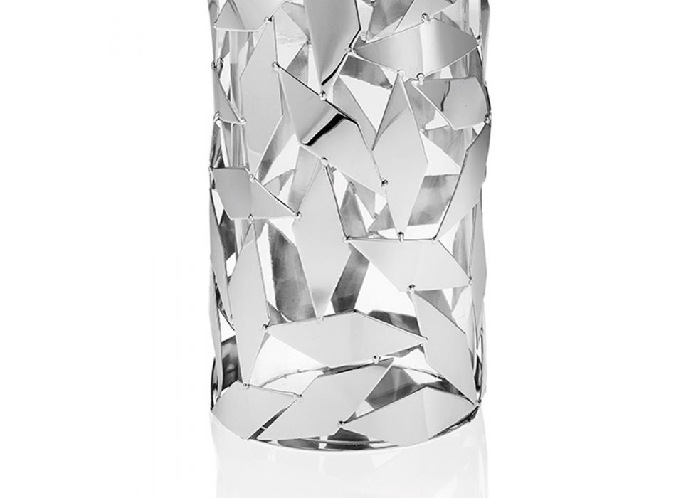 Jarrón cilíndrico de vidrio y metal plateado con lujosas decoraciones geométricas - Torresi viadurini