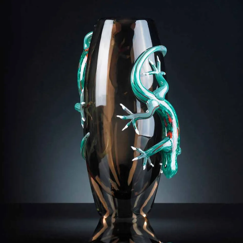 Jarrón de interior con vitrales con geckos hecho a mano en Italia - Geco viadurini