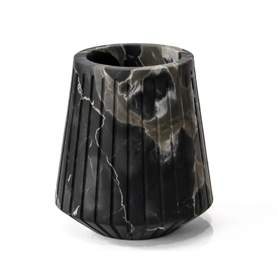 Jarrón decorativo bajo en mármol de Portoro con diseño de rayas Made in Italy - El Cairo viadurini