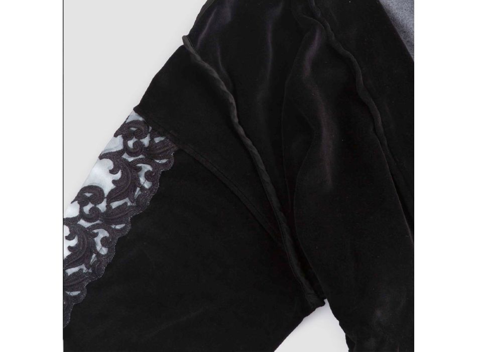 Bata kimono de Chenilla Negra con Encaje Farnesio, Lujo Made in Italy - Kyoto viadurini