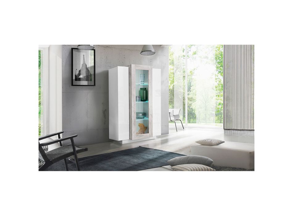 Vitrina 3 puertas para sala de estar, madera blanca y antracita, cemento o arce - Therese viadurini