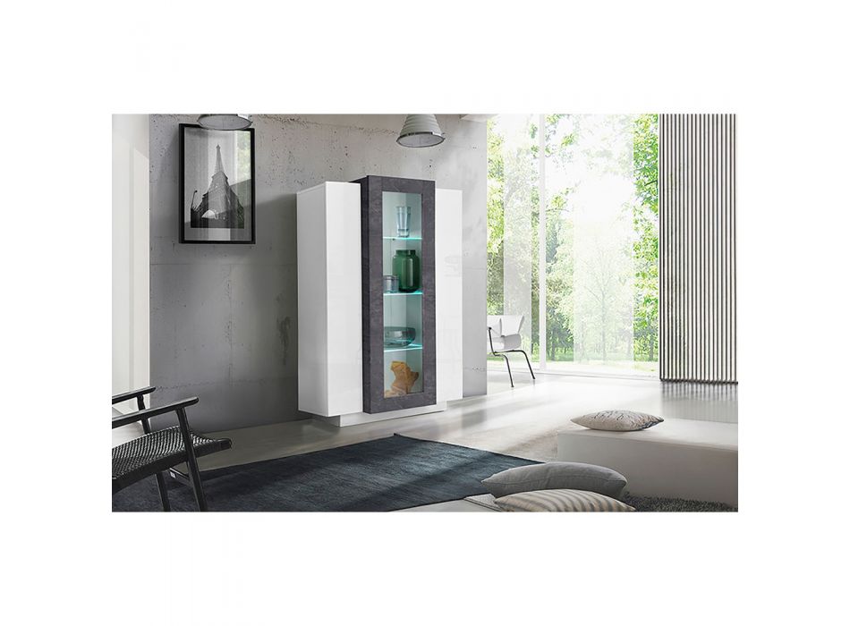 Vitrina 3 puertas para sala de estar, madera blanca y antracita, cemento o arce - Therese viadurini