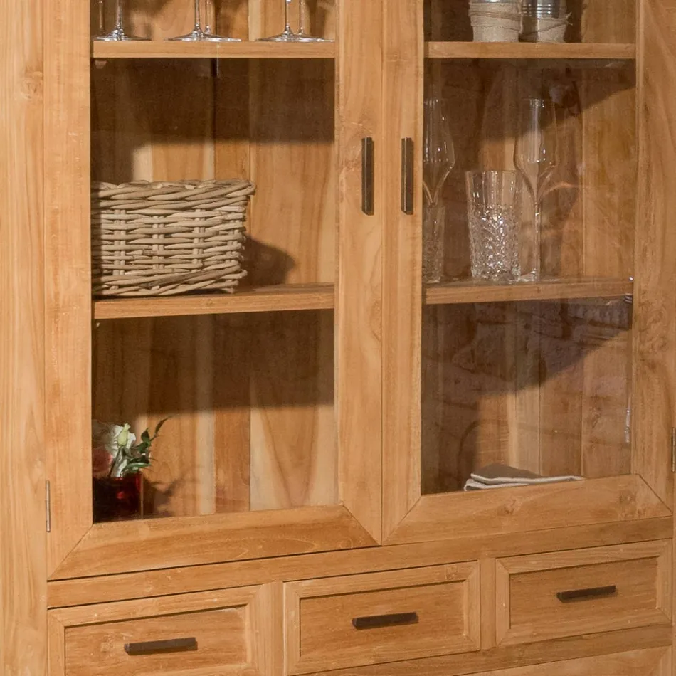 Vitrina de salón Sanda de teca maciza con 4 puertas y 3 cajones viadurini