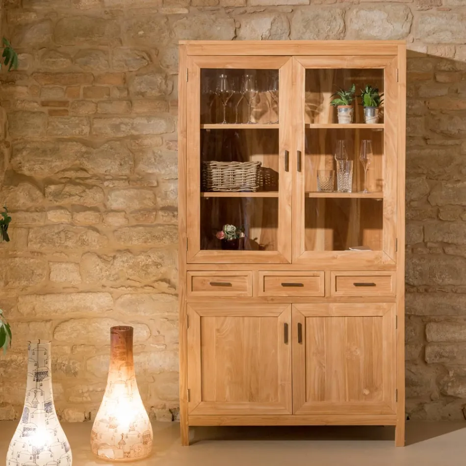 Vitrina de salón Sanda de teca maciza con 4 puertas y 3 cajones viadurini
