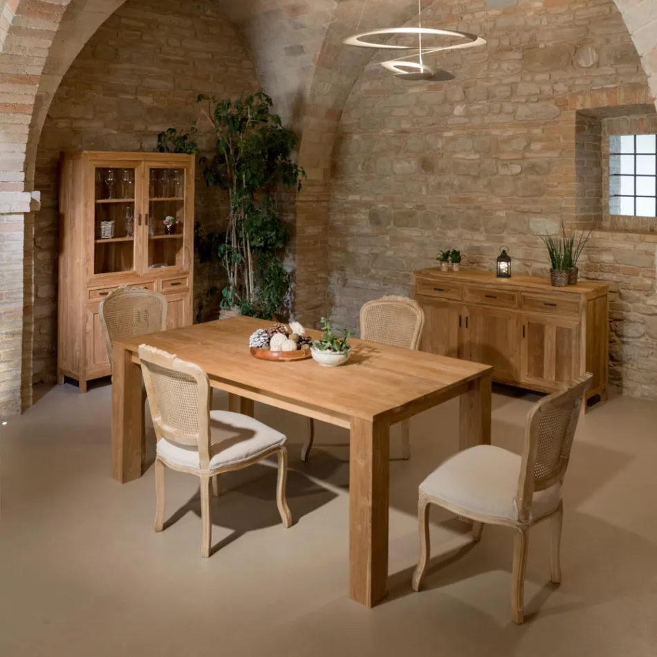 Vitrina de salón Sanda de teca maciza con 4 puertas y 3 cajones viadurini