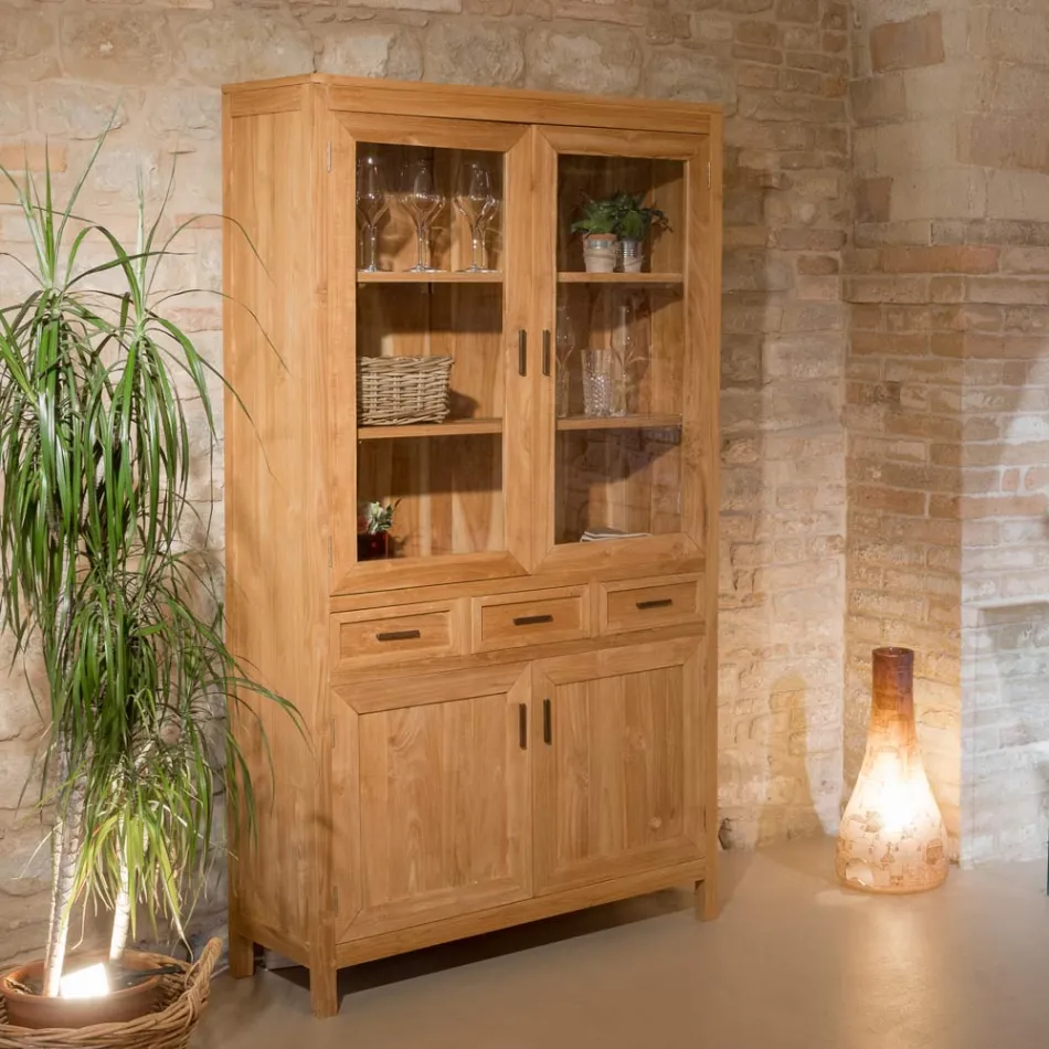 Vitrina de salón Sanda de teca maciza con 4 puertas y 3 cajones viadurini