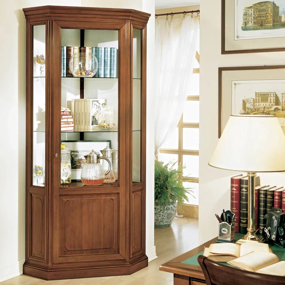 Vitrina de esquina con 1 puerta y 2 estantes de cristal Made in Italy - Denka viadurini