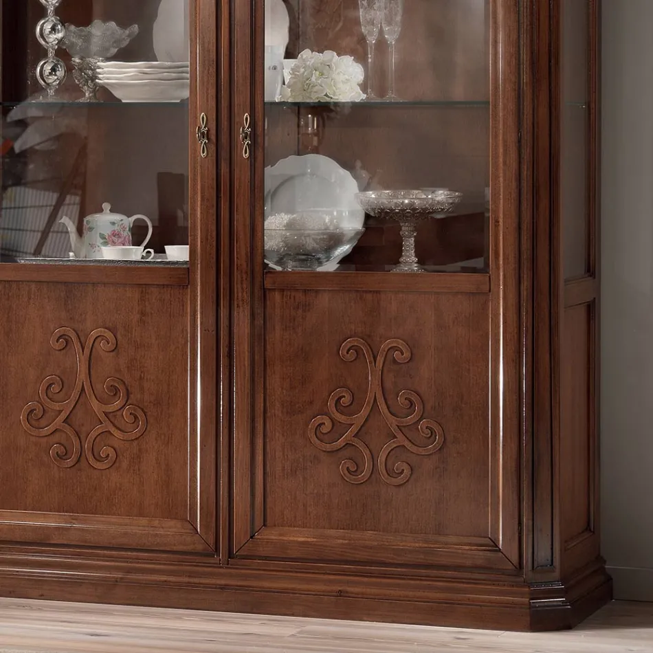 Vitrina de madera acabado nogal patinado con decoración de lirios Made in Italy - Mujer viadurini