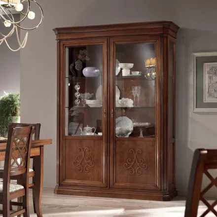 Vitrina de madera acabado nogal patinado con decoración de lirios Made in Italy - Mujer viadurini